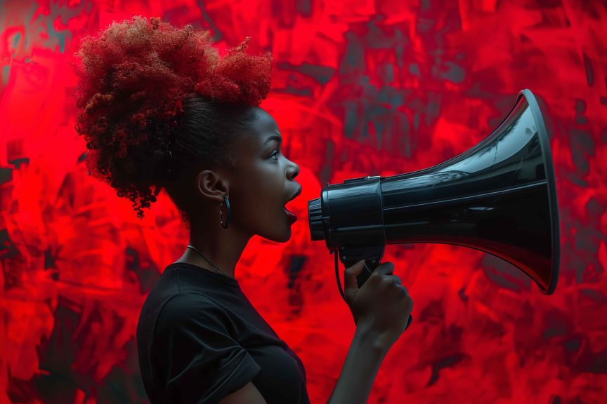 voice-change-spread-her-message-loudly-driven-young-woman-stands-front-dramatic-red-black-backdrop-with-megaphone-generative-ai